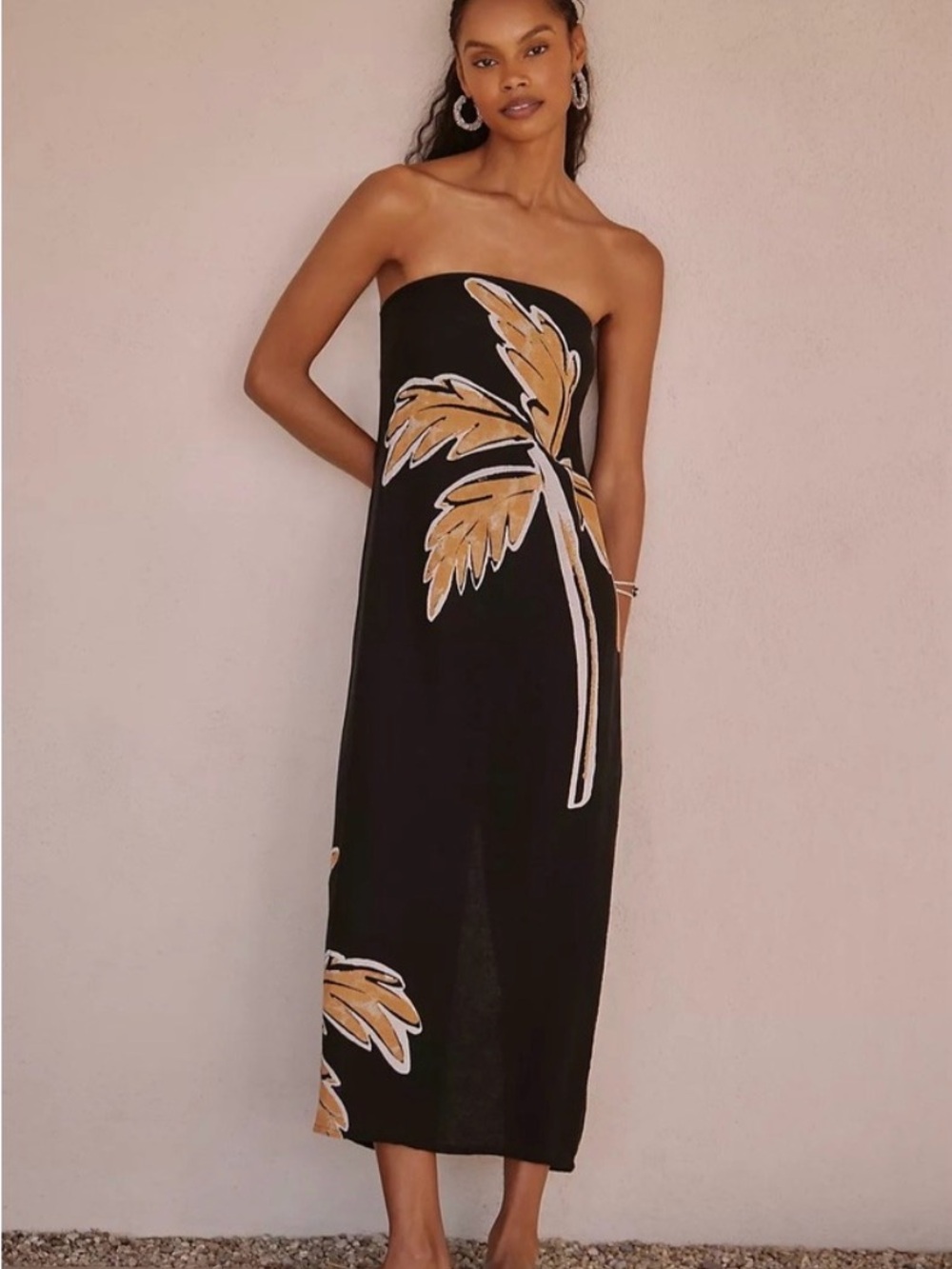 Anthropologie Limited Edition Strapless Black Palm-Print Midi Dress XS